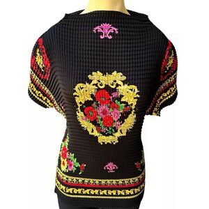 VTG 1990s Stillman Studio Shirt Stretch Top Blouse Size M/L Black‎ Flowers USA
